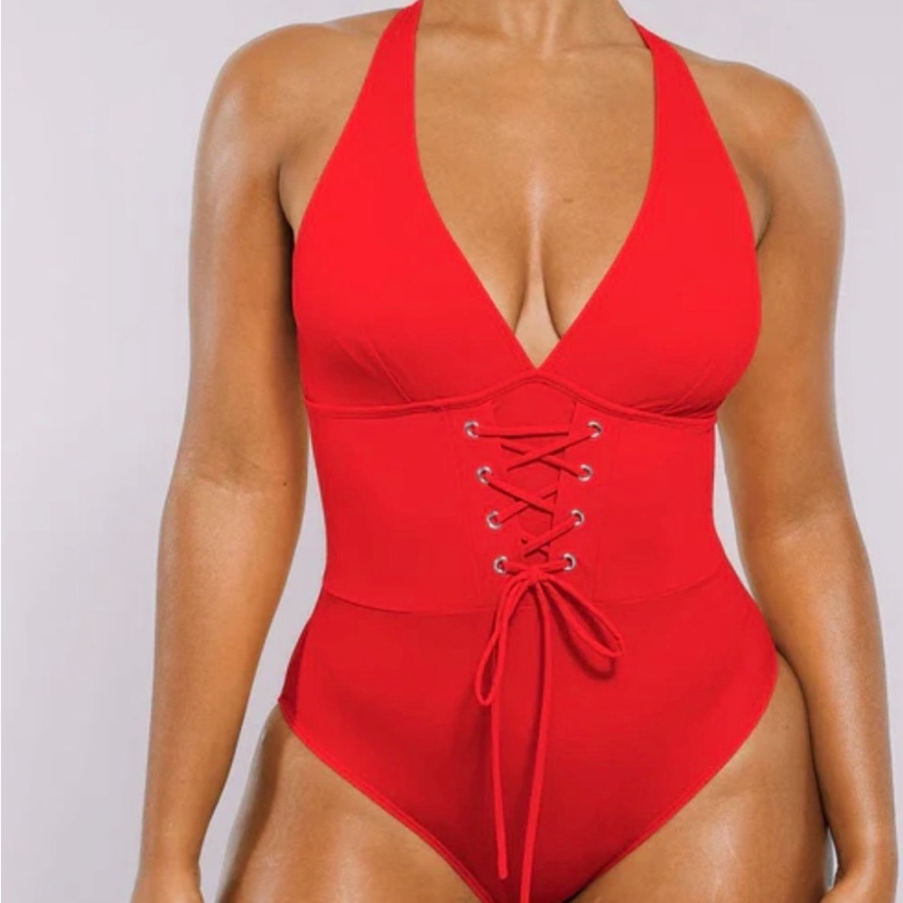 Red Lace-Up Halter One-Piece Swimsuit